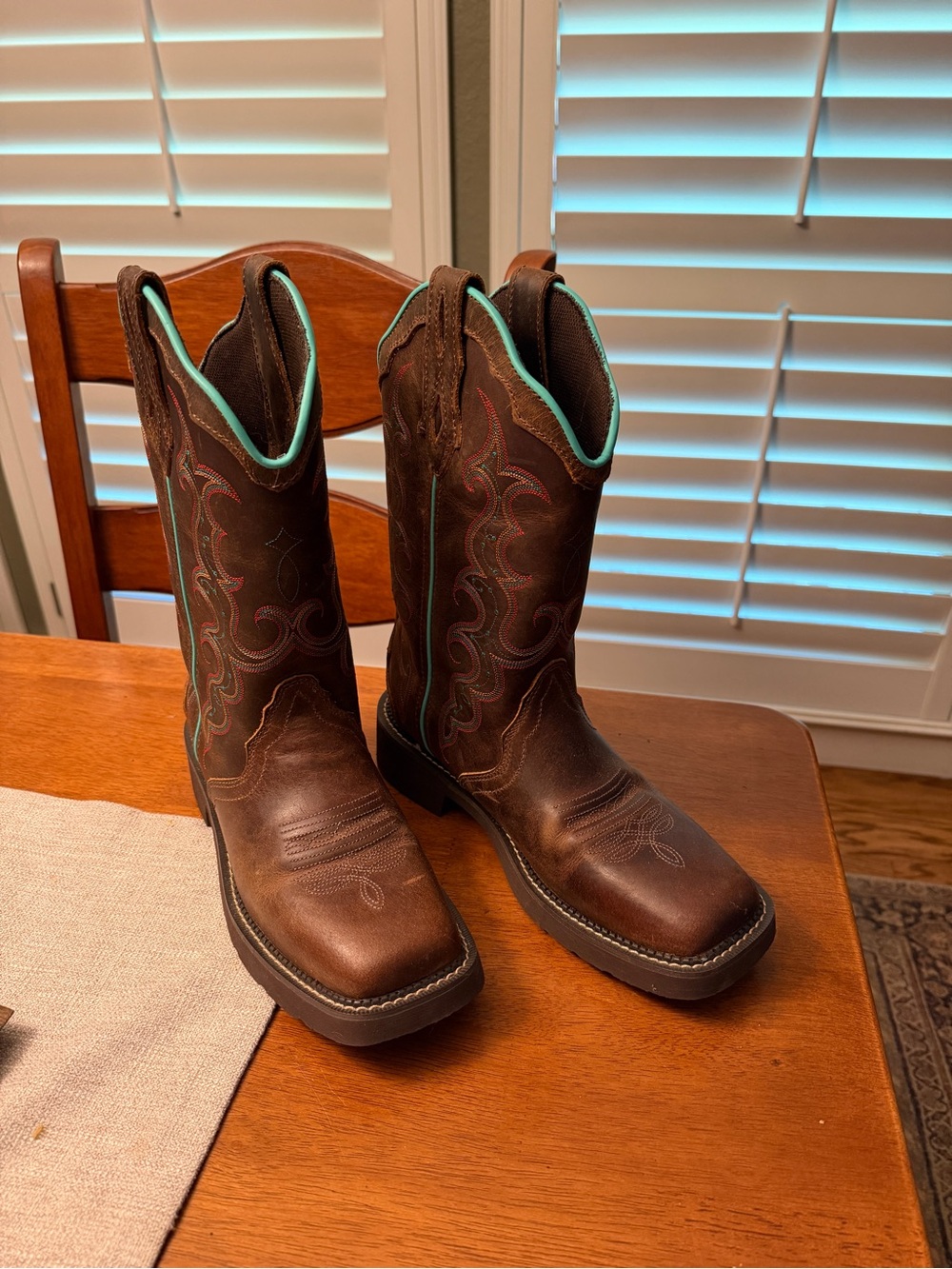 Justin Boots Brown Leather Western Combat Boots with Turquoise Trim